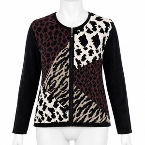 Elizabeth New York Cardigan Women XL Black Animal Print Patchwork Zip Up Sweater